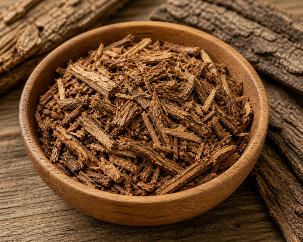 Shredded pieces of Mimosa tenuiflora bark displayed in a natural wooden bowl.