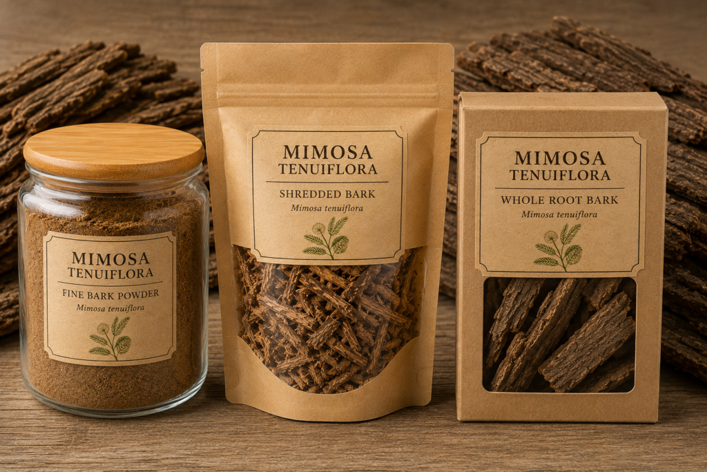 Three storage containers of Mimosa tenuiflora bark products displayed side by side, including powder in a glass jar, shredded bark in a pouch, and whole bark in a box.