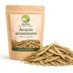 Acacia Acuminata Phyllodes in kraft resealable pouch with dried golden-green leaf blades pile on white background – MHRB Botanical Supply