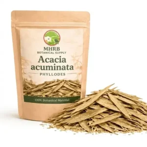 Acacia Acuminata Phyllodes in kraft resealable pouch with dried golden-green leaf blades pile on white background – MHRB Botanical Supply