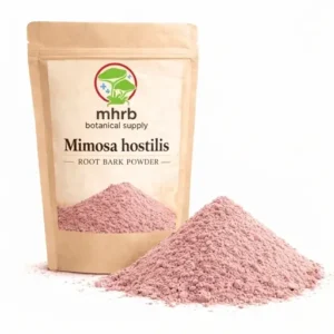 Mimosa Hostilis Root Bark Powder kraft resealable bag with pink-mauve powder mound on white background – MHRB Botanical Supply