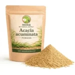 Acacia Acuminata Powder in kraft resealable pouch with mound of fine golden-tan powder on white background – MHRB Botanical Supply
