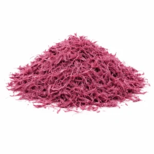 Mexican Mimosa Hostilis Inner Root Bark shredded – fluffy deep magenta-pink fibrous pile on white background