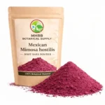 Mexican Mimosa Hostilis Root Bark Powder kraft resealable bag with vivid deep magenta-purple powder mound on white background – MHRB Botanical Supply
