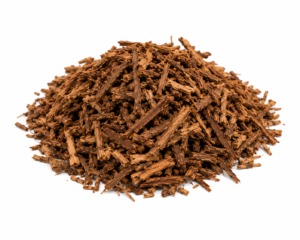Shredded Acacia acuminata root bark pieces on white background for botanical reference