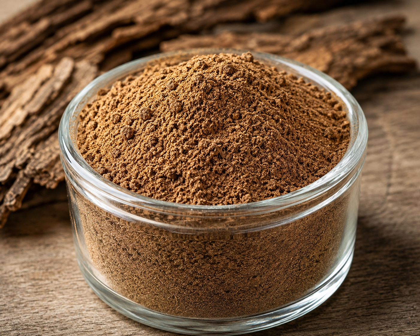 Finely ground bark powder from Mimosa tenuiflora displayed in a clear glass jar on a wooden surface.