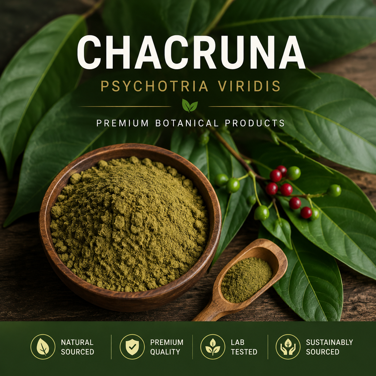Chacruna (Psychotria viridis) botanical products with green leaves and powdered botanical material